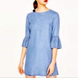 Zara Woman Chambray Bell Sleeve Shift Dress